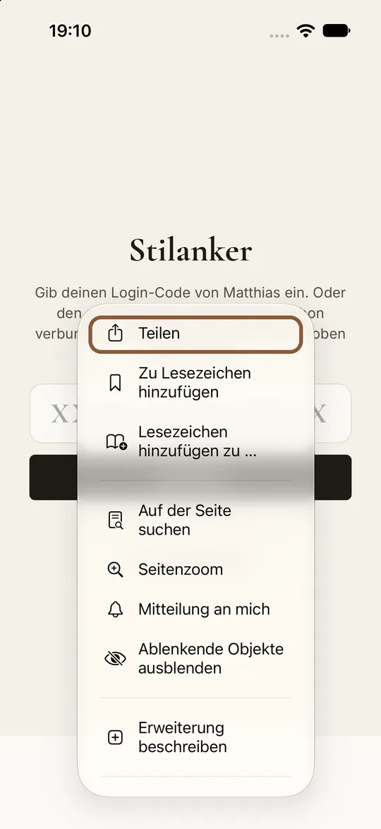 Geöffnetes Menü, markiert ist „Teilen“