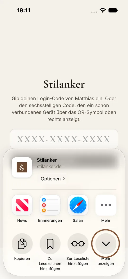 Teilen-Fenster, markiert ist „Mehr anzeigen“
