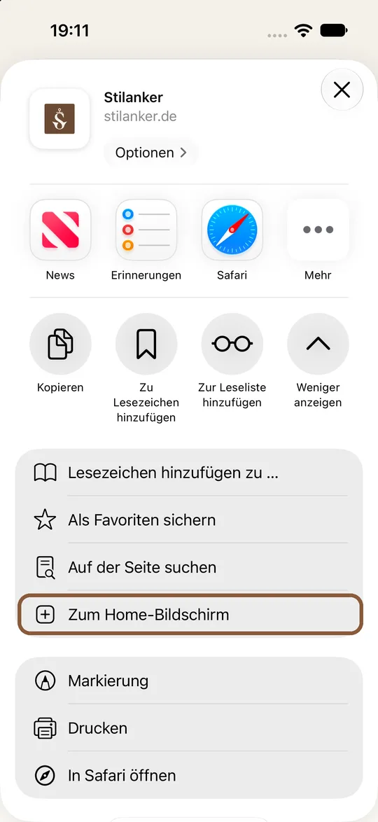 Erweiterte Liste, markiert ist „Zum Home-Bildschirm“