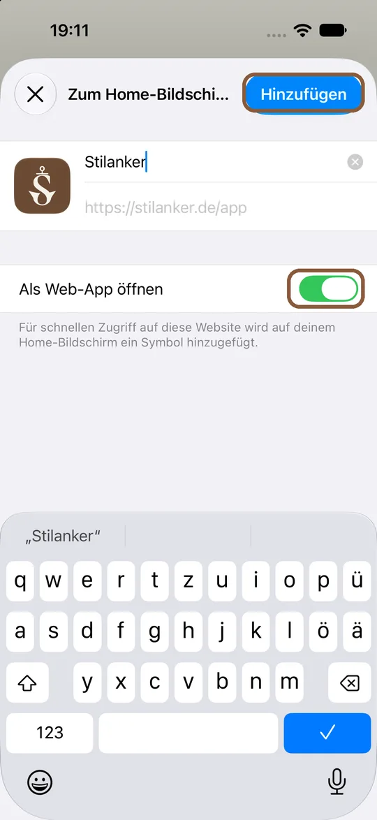 Fenster „Zum Home-Bildschirm“ mit Stilanker-Symbol, markiert sind „Hinzufügen“ und der Schalter „Als Web-App öffnen“
