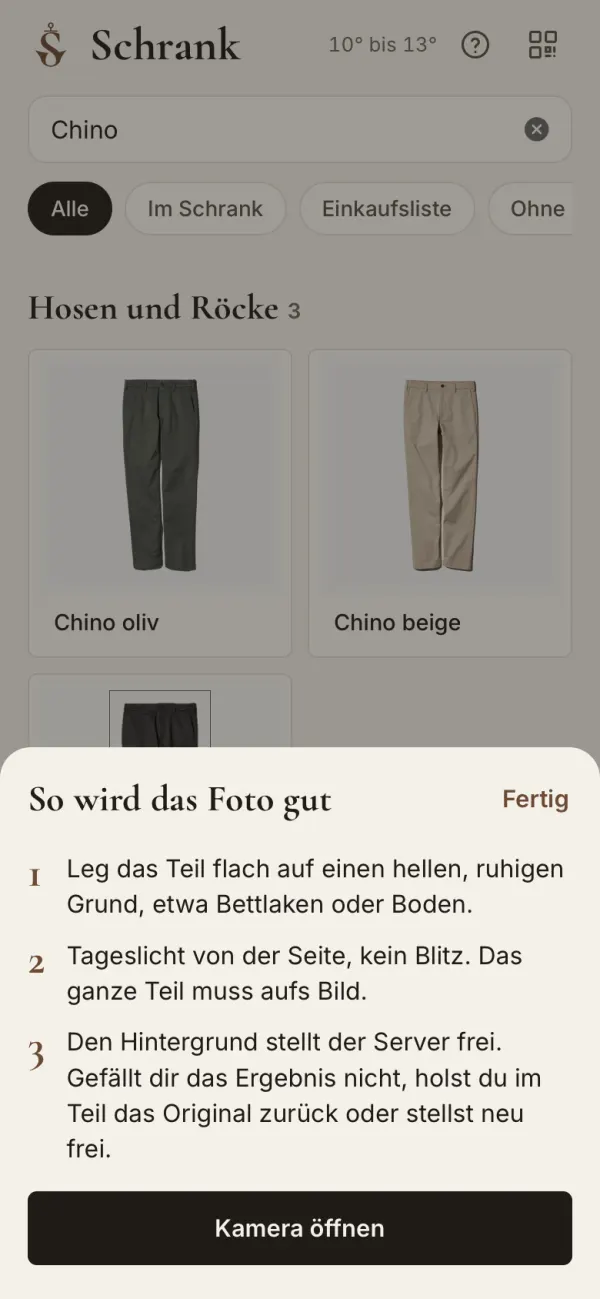 Bildschirm der App: Tipps für ein gutes Foto, darunter der Knopf Kamera öffnen.